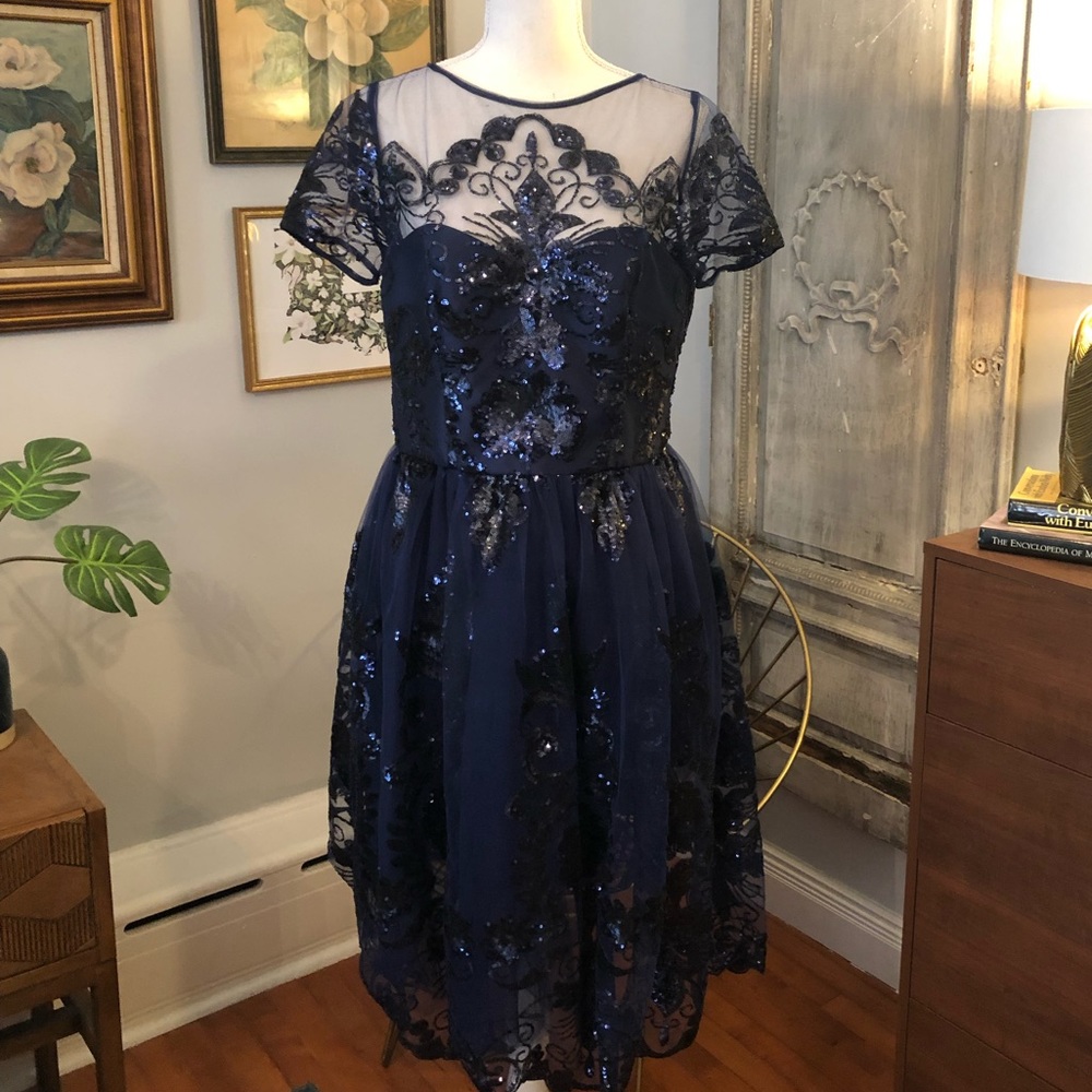 ChiChi London Navy Blue Sequined Tulle Dress